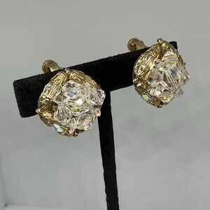 Vintage Vendome Crystal Cluster Clip Earrings Gold Tone AB Faceted Beads 1960s